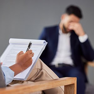 A distressed man, another person holding a clipboard, indicating a denied workers’ compensation claim - Leep Tescher Helfman and Zanze